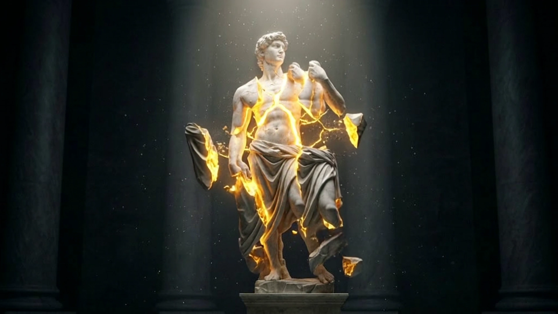 A marble statue breaking apart along luminous gold seams.