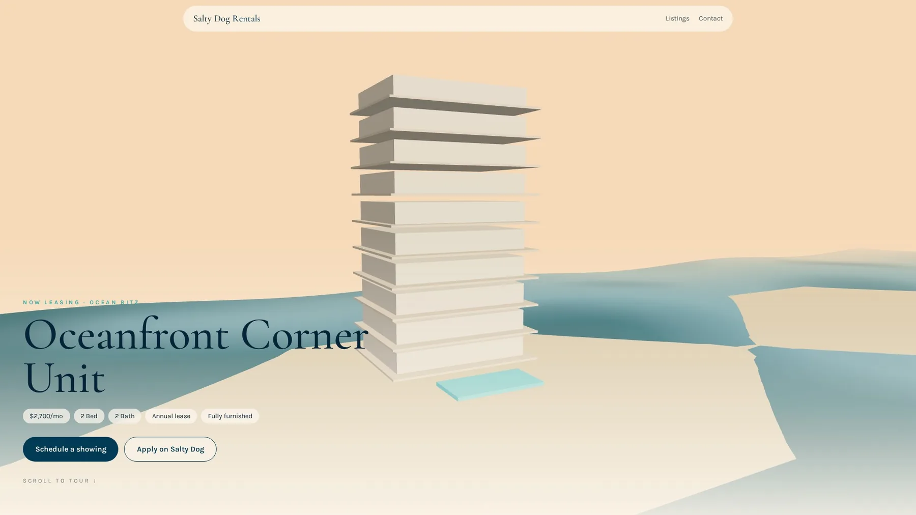 An oceanfront corner unit presented as a three-dimensional model