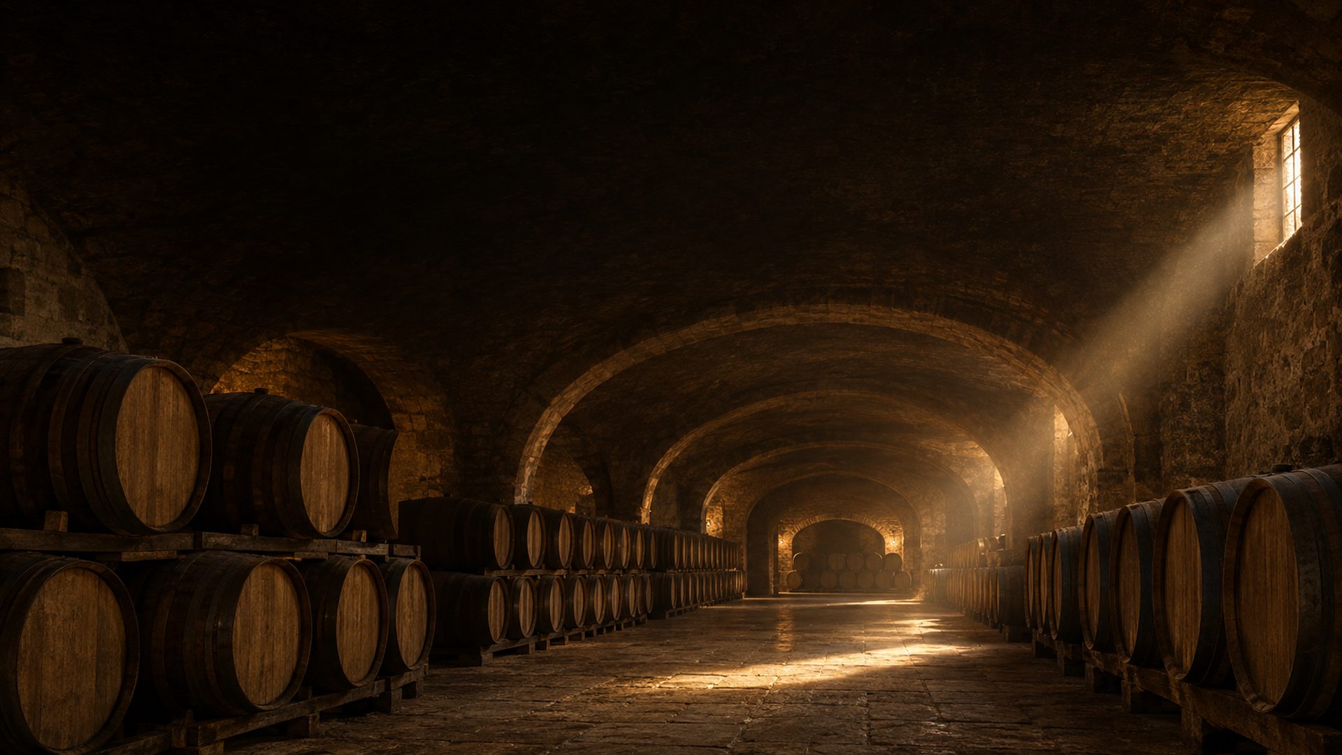 A shaft of sunlight crossing a stone wine cellar lined with oak barrels