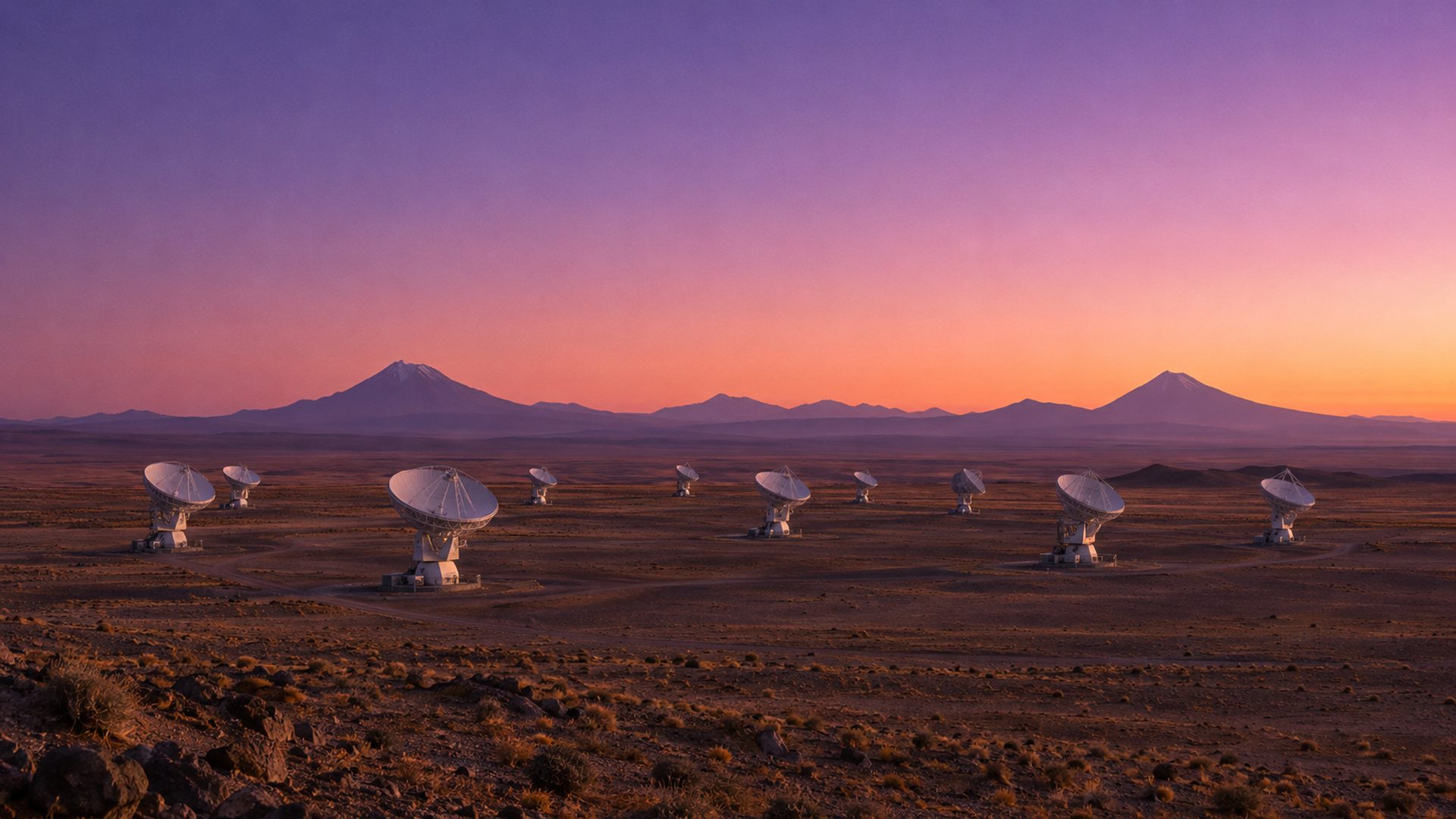 White radio telescope dishes across a desert at dawn