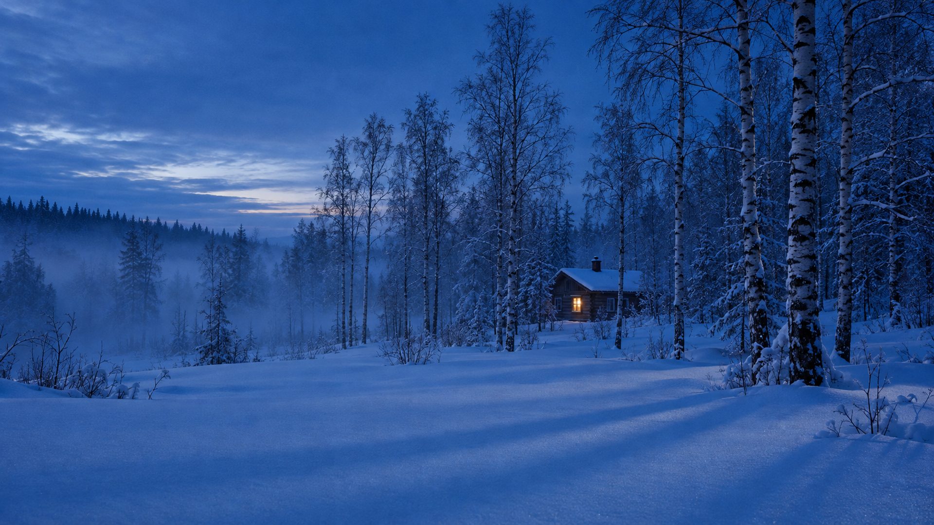 A small glowing timber cabin in a blue-hour birch forest