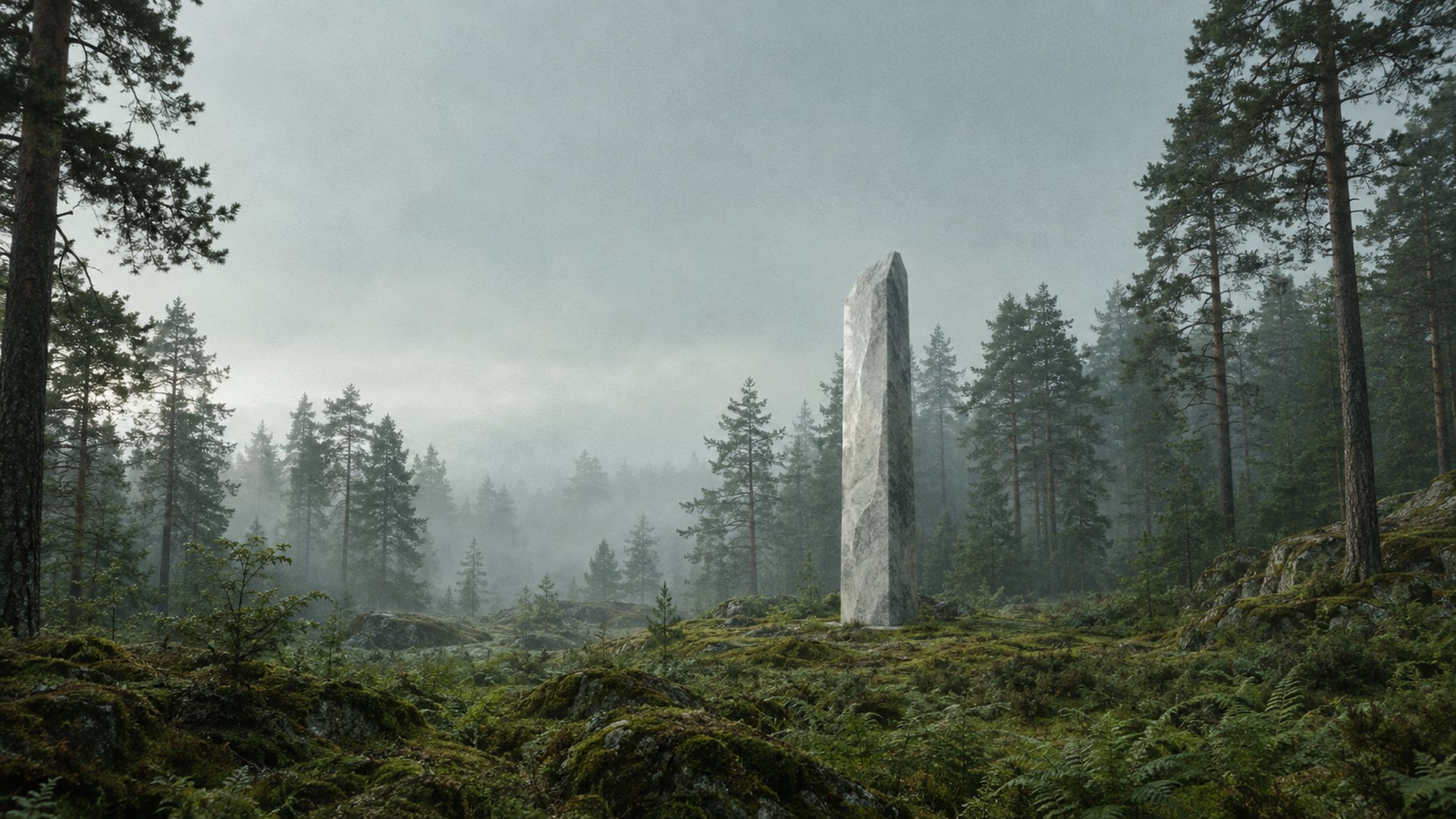 A pale stone monolith in a misty pine forest