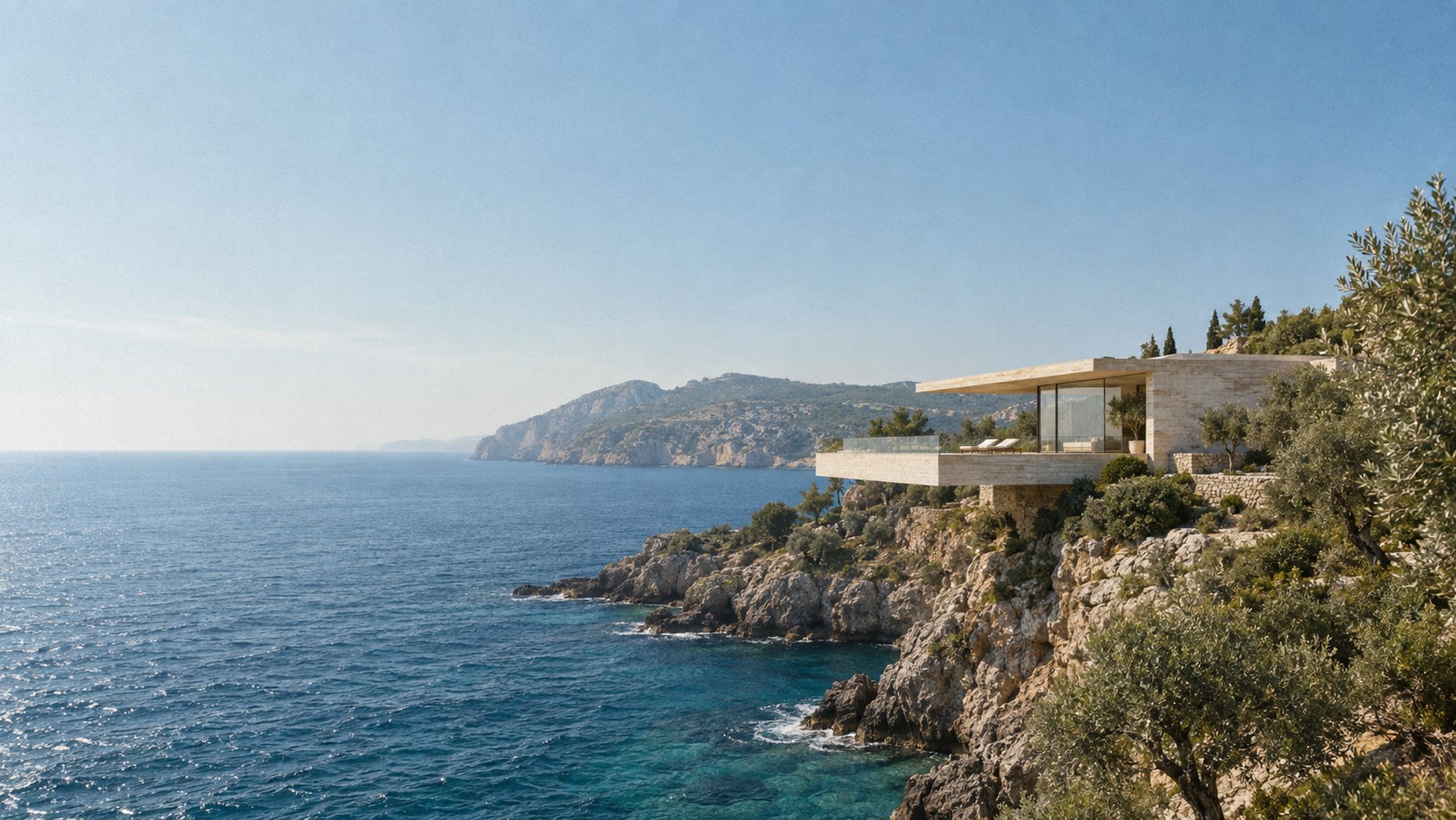 A travertine house perched above a Mediterranean cove