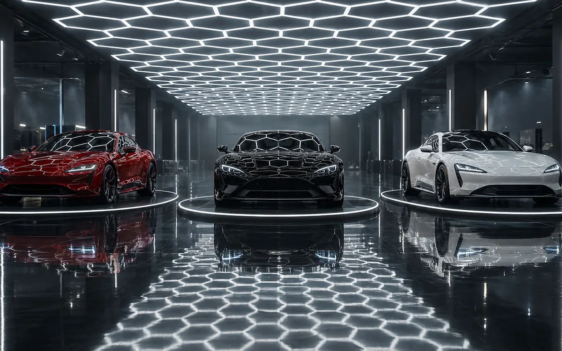 Mirrorline packages scene, three cars under a hexagon LED ceiling